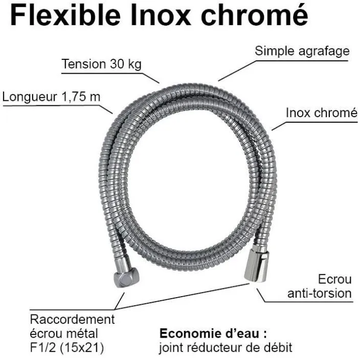 Edouard Rousseau Flexible de douche inox chromé 1.75 m avec écrou métal anti-torsion et sertis de sécurité pour économie d'eau