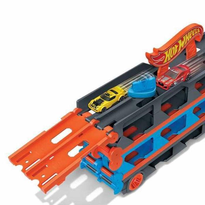 Hot Wheels Circuit Super Transporteur Extensible GVG37 avec 3 Voitures, Piste de Course 182 cm, Capacité 25 Véhicules, À Partir de 4 Ans