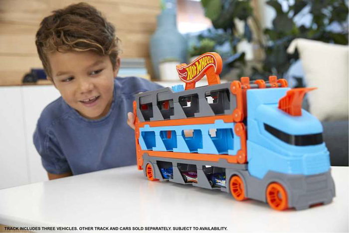 Hot Wheels Circuit Super Transporteur Extensible GVG37 avec 3 Voitures, Piste de Course 182 cm, Capacité 25 Véhicules, À Partir de 4 Ans