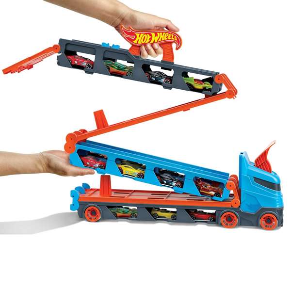 Hot Wheels Circuit Super Transporteur Extensible GVG37 avec 3 Voitures, Piste de Course 182 cm, Capacité 25 Véhicules, À Partir de 4 Ans