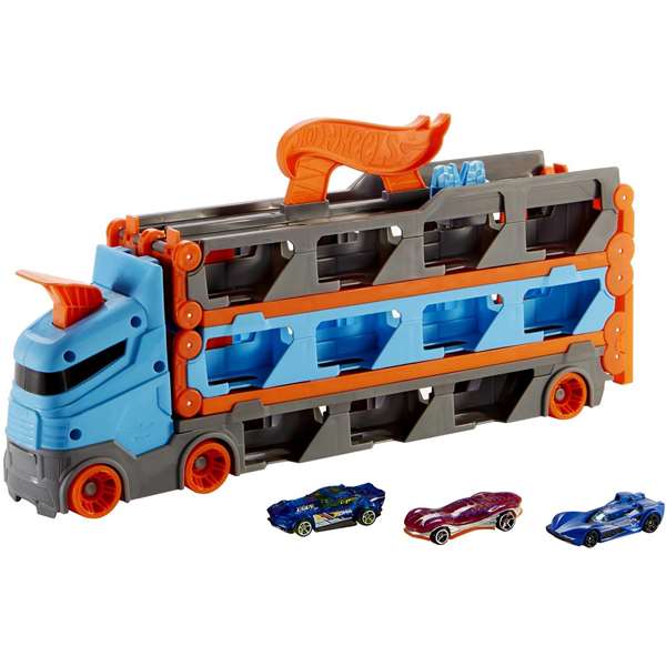 Hot Wheels Circuit Super Transporteur Extensible GVG37 avec 3 Voitures, Piste de Course 182 cm, Capacité 25 Véhicules, À Partir de 4 Ans