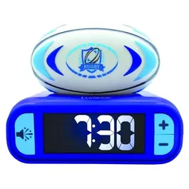 Lexibook - Réveil digital design ballon de rugby 3D avec veilleuse lumineuse, effets sonores rugby, écran LCD rétroéclairé, snooze, fonctionne avec piles AA