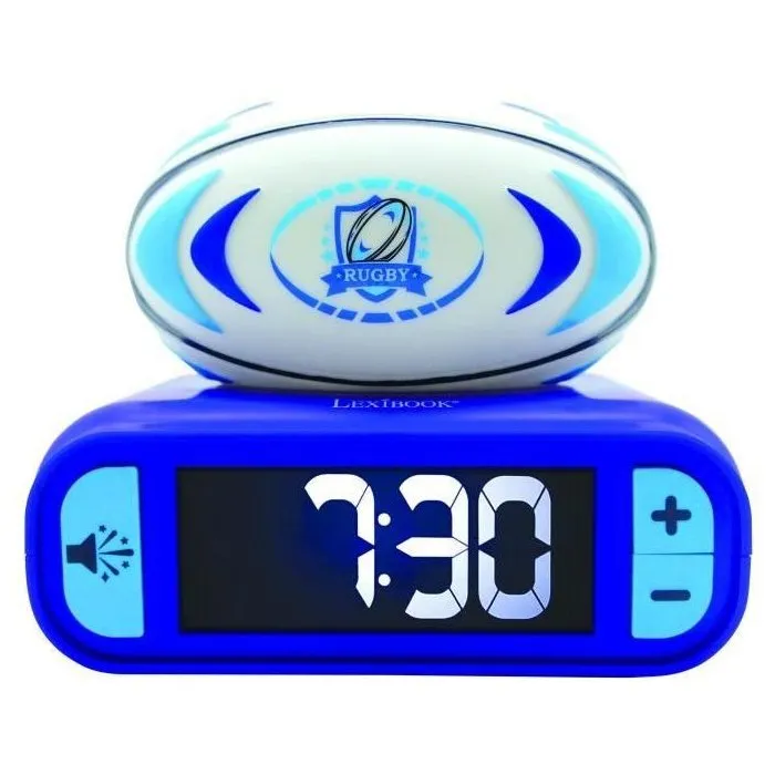 Lexibook - Réveil digital design ballon de rugby 3D avec veilleuse lumineuse, effets sonores rugby, écran LCD rétroéclairé, snooze, fonctionne avec piles AA