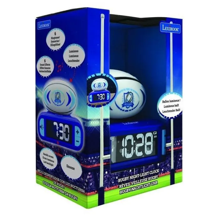 Lexibook - Réveil digital design ballon de rugby 3D avec veilleuse lumineuse, effets sonores rugby, écran LCD rétroéclairé, snooze, fonctionne avec piles AA