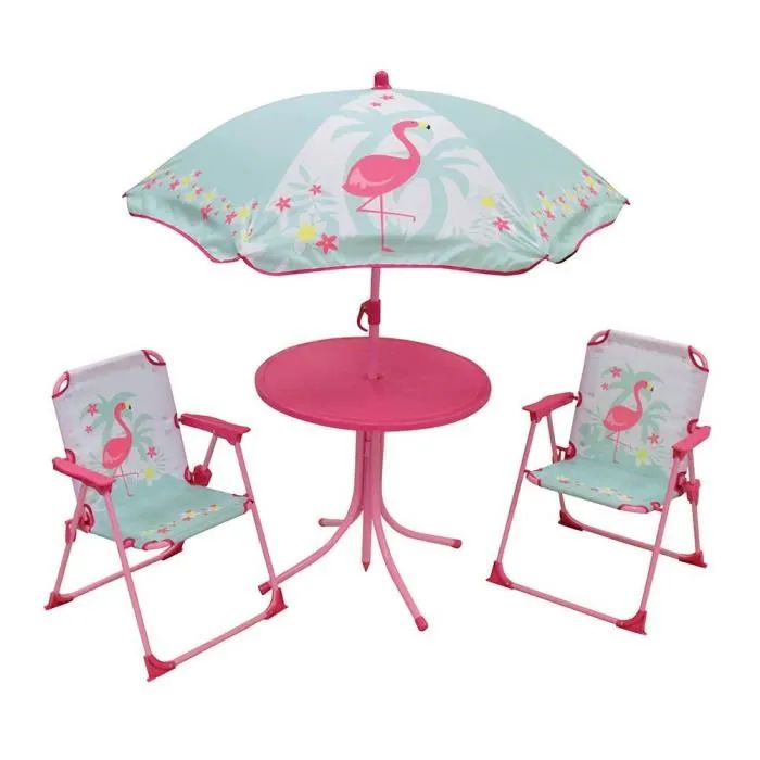 Fun House Salon de Jardin Enfant Flamant Rose 713088 avec Table Ronde, 2 Chaises Pliables et Parasol Ø 100 cm - Dès 3 Ans