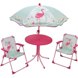 Fun House Salon de Jardin Enfant Flamant Rose 713088 avec Table Ronde, 2 Chaises Pliables et Parasol Ø 100 cm - Dès 3 Ans