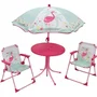 Fun House Salon de Jardin Enfant Flamant Rose 713088 avec Table Ronde, 2 Chaises Pliables et Parasol Ø 100 cm - Dès 3 Ans