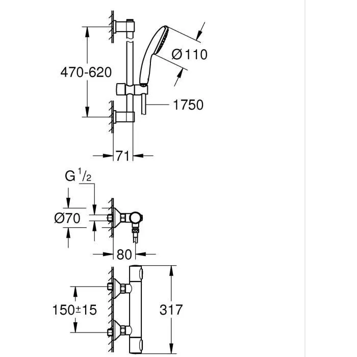 GROHE Ensemble de douche thermostatique avec mitigeur, pommeau 1 jet, barre 60 cm et flexible - 34800001 - Chromé - Economie d'eau - Sécurité SafeStop 38°C
