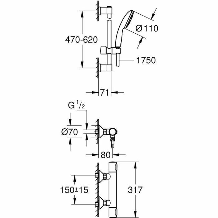 Grohe Ensemble de douche Vitalio Start 110 avec mitigeur thermostatique et barre 60cm - Chromé Grohe Ensemble de douche Vitalio Start 110 avec mitigeur thermostatique et barre 60cm - Chromé