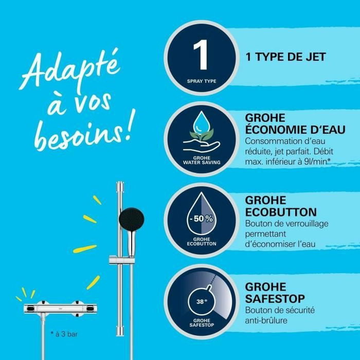 Grohe Ensemble de douche Vitalio Start 110 avec mitigeur thermostatique et barre 60cm - Chromé Grohe Ensemble de douche Vitalio Start 110 avec mitigeur thermostatique et barre 60cm - Chromé
