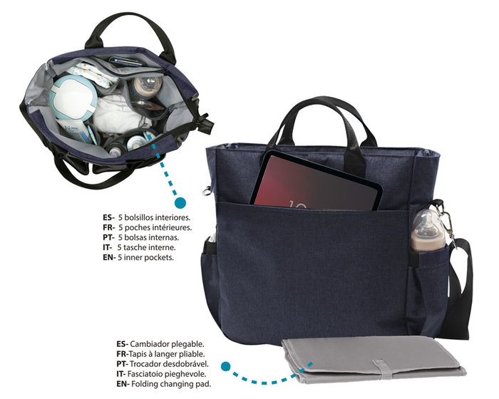 KioKids Sac à langer bandoulière de maternité, bleu marine, avec matelas à langer, multiples poches