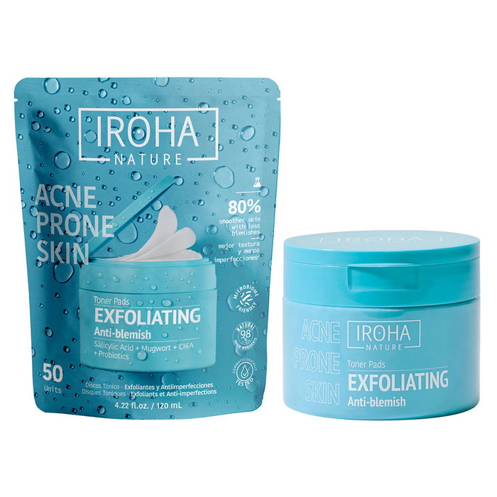 Iroha Disques Toniques Exfoliants Peaux à Tendance Acnéique avec Acide Salicylique, CICA, Probiotiques - 50 Unités