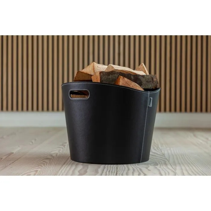 Aduro Panier à bois Proline Ø 39 x 31 cm - Simili cuir noir avec poignées