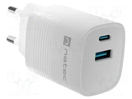 NATEC NUC-2140 Chargeur USB GaN blanc avec ports USB-A et USB-C