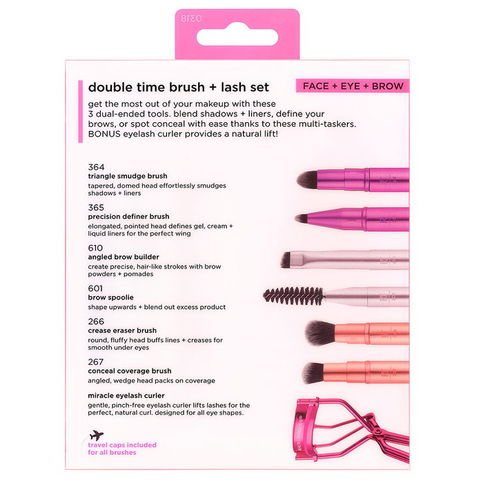 Real Techniques Kit Pinceaux Double Time 4 pièces avec Recourbe-Cils - Pinceau de Mélange 364, Définition 365, Sourcils 610 et Correcteur 267