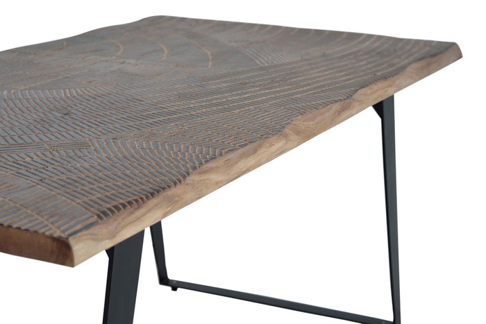 Giner Y Colomer Table de Salle à Manger en Bois d'Acacia Naturel avec Pieds en Métal Noir - Détails Sculptés à la Main - Plateau de 4 cm d'Épaisseur