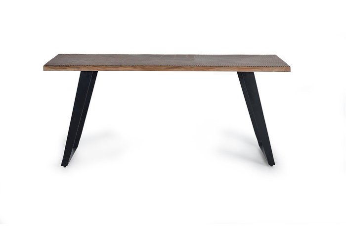 Giner Y Colomer Table de Salle à Manger en Bois d'Acacia Naturel avec Pieds en Métal Noir - Détails Sculptés à la Main - Plateau de 4 cm d'Épaisseur