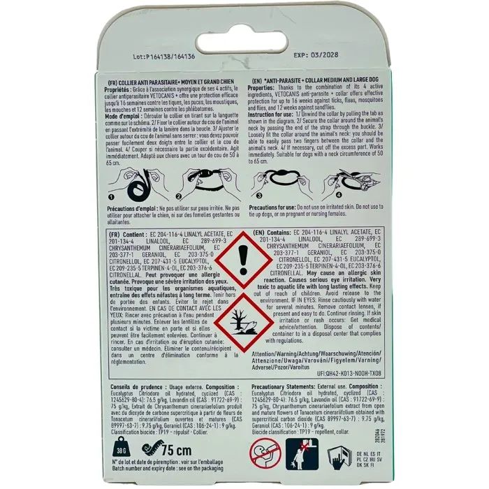 Vetocanis Collier antiparasitaire anti-puces anti-tiques pour chien moyen et grand 75 cm 4 mois de protection