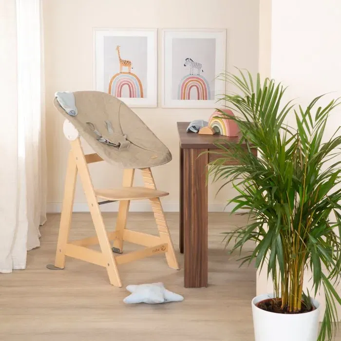 Roba BORN UP Chaise haute évolutive 2 en 1 en bois naturel, transat inclinable gris, ajustable, jusqu'à 70 kg - Sécurité optimale pour bébé
