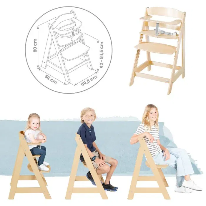 Roba BORN UP Chaise haute évolutive 2 en 1 en bois naturel, transat inclinable gris, ajustable, jusqu'à 70 kg - Sécurité optimale pour bébé