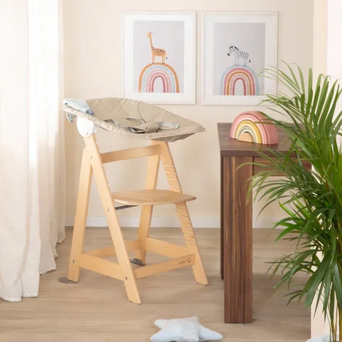 Roba BORN UP Chaise haute évolutive 2 en 1 en bois naturel, transat inclinable gris, ajustable, jusqu'à 70 kg - Sécurité optimale pour bébé