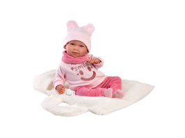 Llorens Poupée Mimi 42 cm qui pleure avec porte-bébé, corps en tissu et mécanisme sonore - Langue espagnole