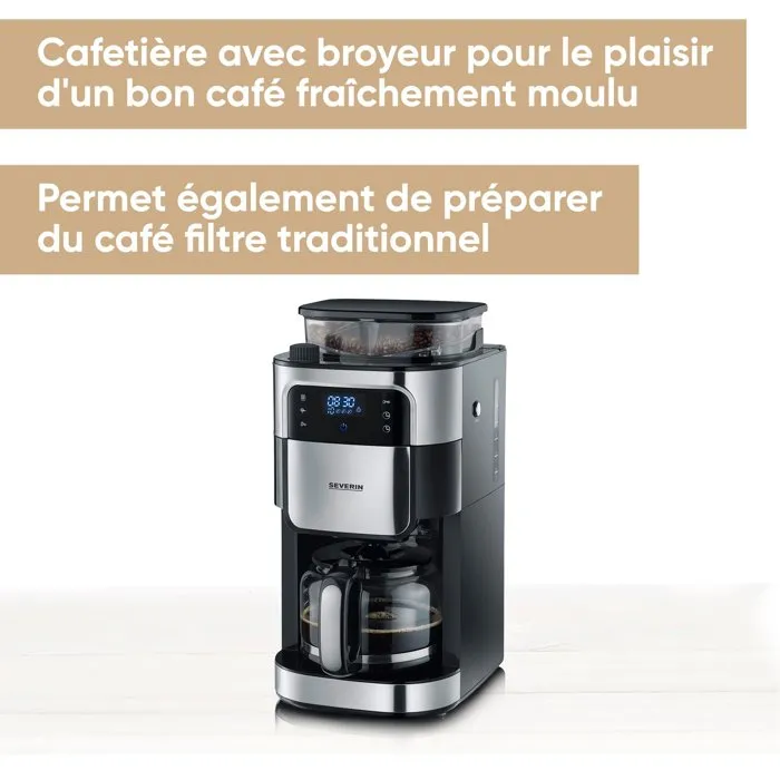 Severin KA 4813 - Cafetière filtre avec broyeur intégré, 1,4 L, Noir et Inox