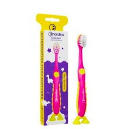Nordics Oral Care - Cepillo Dental Niños 6.900 - Brosse à dents enfants design dinosaure rose, filaments ultra-soufs 0.08mm, pour enfants dès 2 ans