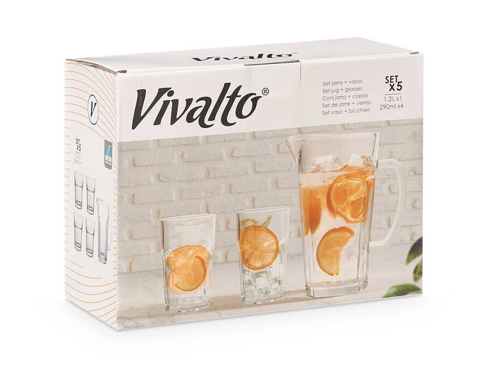 Vivalto Set 5 pièces Carafe et Verres à Eau 29 x 22 x 13 cm Verre Transparent 1,3 L + 315 ml (Set de 4)