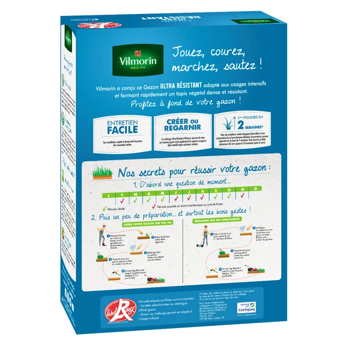 Vilmorin - Gazon Ultra Résistant Label Rouge - 1 kg - Pour usage intensif - Tapis végétal dense et durable