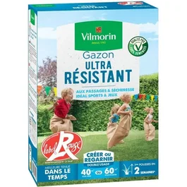 Vilmorin - Semences de gazon Ultra Résistant - Boîte de 1 kg - Label Rouge - Résistant au piétinement - Pour 40 m² de semis ou 60 m² de regarnissage