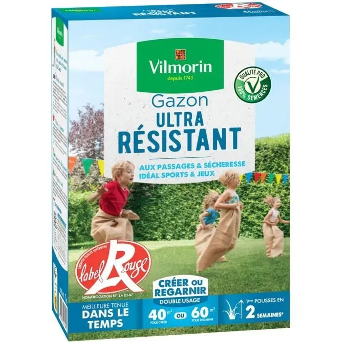 Vilmorin - Semences de gazon Ultra Résistant - Boîte de 1 kg - Label Rouge - Résistant au piétinement - Pour 40 m² de semis ou 60 m² de regarnissage Vilmorin - Semences de gazon Ultra Résistant - Boîte de 1 kg - Label Rouge - Résistant au piétinement - Pour 40 m² de semis ou 60 m² de regarnissage
