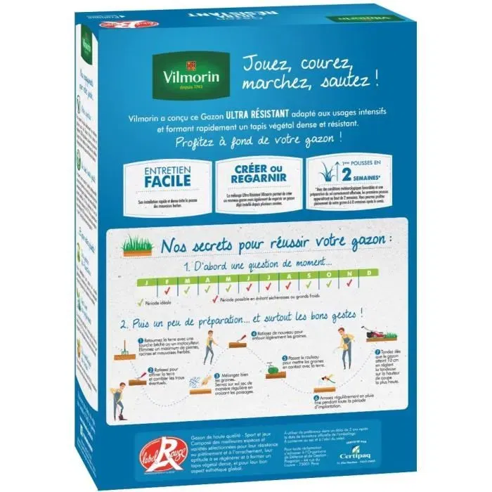 Vilmorin - Semences de gazon Ultra Résistant - Boîte de 1 kg - Label Rouge - Résistant au piétinement - Pour 40 m² de semis ou 60 m² de regarnissage Vilmorin - Semences de gazon Ultra Résistant - Boîte de 1 kg - Label Rouge - Résistant au piétinement - Pour 40 m² de semis ou 60 m² de regarnissage