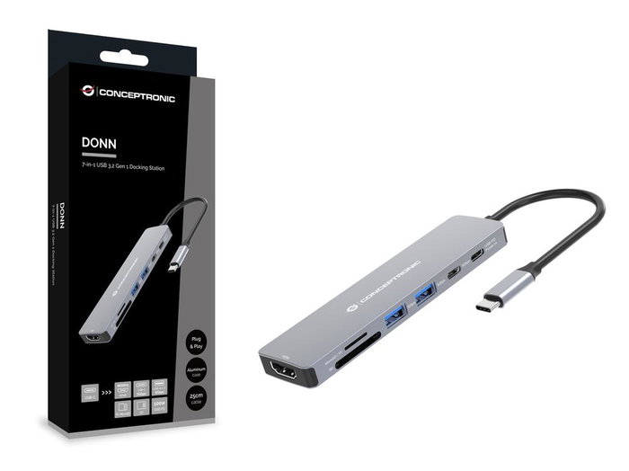 Conceptronic DONN28G Station d'accueil USB-C Hub 7-en-1 Gris 4K 60Hz HDMI Conceptronic DONN28G Station d'accueil USB-C Hub 7-en-1 Gris 4K 60Hz HDMI