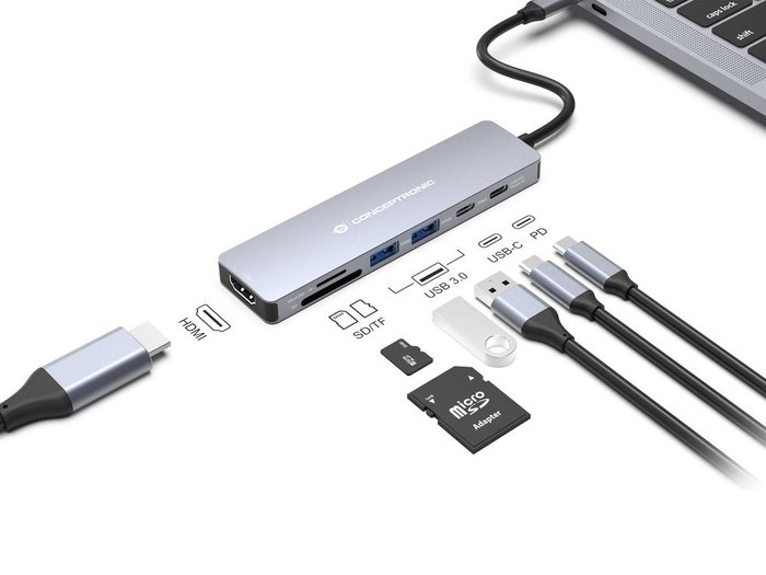 Conceptronic DONN28G Station d'accueil USB-C Hub 7-en-1 Gris 4K 60Hz HDMI Conceptronic DONN28G Station d'accueil USB-C Hub 7-en-1 Gris 4K 60Hz HDMI