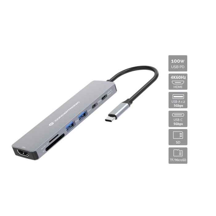 Conceptronic DONN28G Station d'accueil USB-C Hub 7-en-1 Gris 4K 60Hz HDMI Conceptronic DONN28G Station d'accueil USB-C Hub 7-en-1 Gris 4K 60Hz HDMI