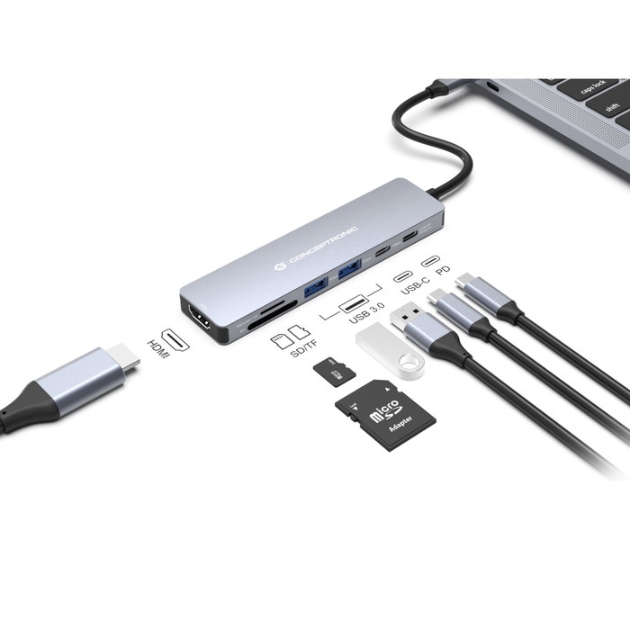 Conceptronic DONN28G Station d'accueil 7-en-1 USB-C Gris