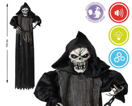 Figurine suspendue de calavera avec capuche noire, effets de lumière, son et mouvement 110 cm - Décoration d'Halloween réaliste
