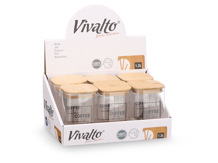 Vivalto Bocal Carré en Borosilicate avec Couvercle Bambou Coffee 1,2L 10x15x10 cm (Set de 12)