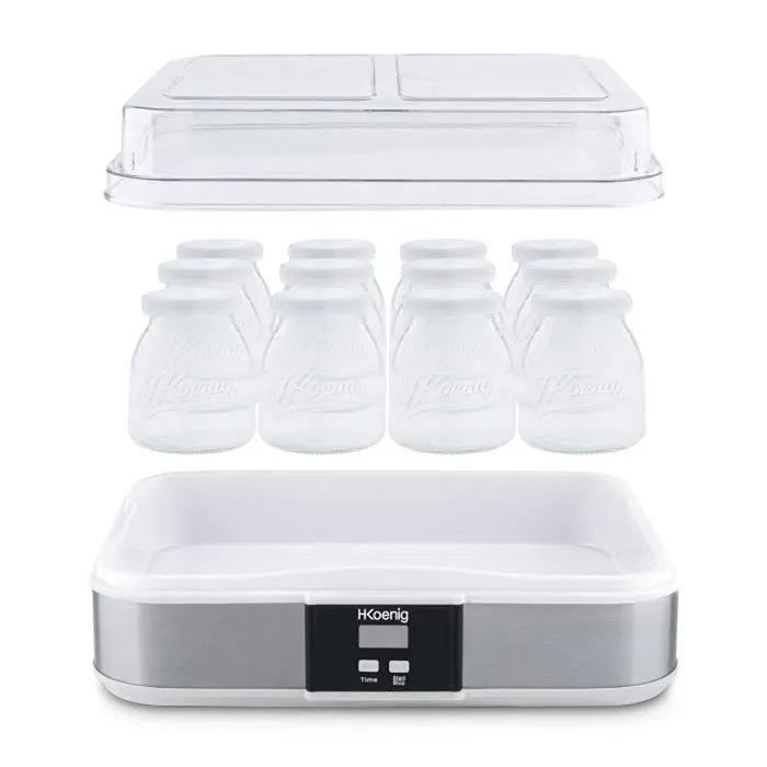 Yaourtière HKoeNIG ELY120 - 12 Pots en Verre 160ml + Pot à Fromage Blanc 1.2L - Programmable 15h - Pour Lait Entier, Écrémé, Démisé ou Végétal - Yaourts Maison ou Grecs