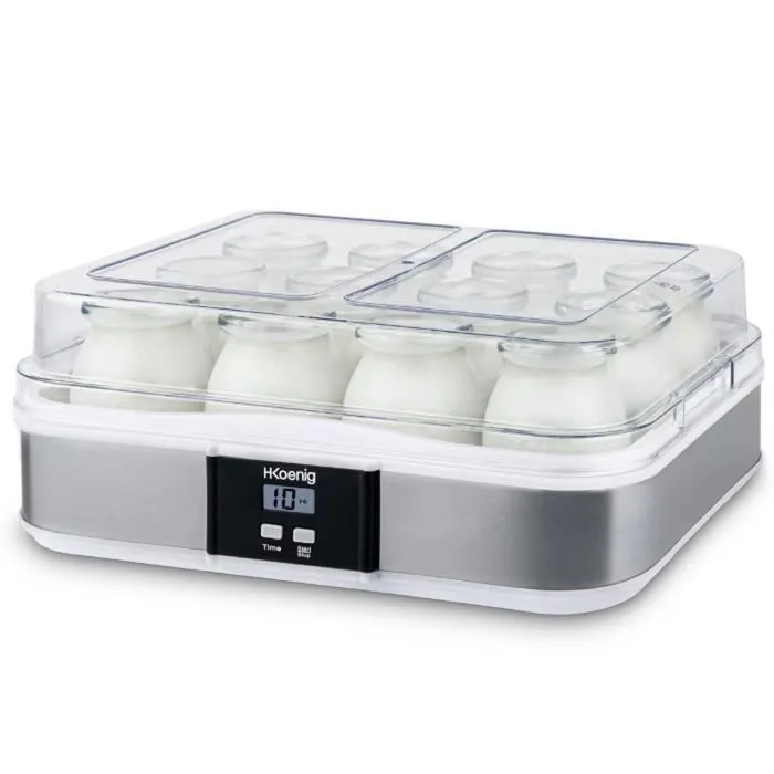 Yaourtière HKoeNIG ELY120 - 12 Pots en Verre 160ml + Pot à Fromage Blanc 1.2L - Programmable 15h - Pour Lait Entier, Écrémé, Démisé ou Végétal - Yaourts Maison ou Grecs