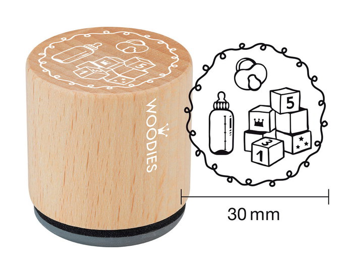 Woodies Tampon en bois et caoutchouc biberon, tétine et cubes 33x30mm Woodies Tampon en bois et caoutchouc biberon, tétine et cubes 33x30mm