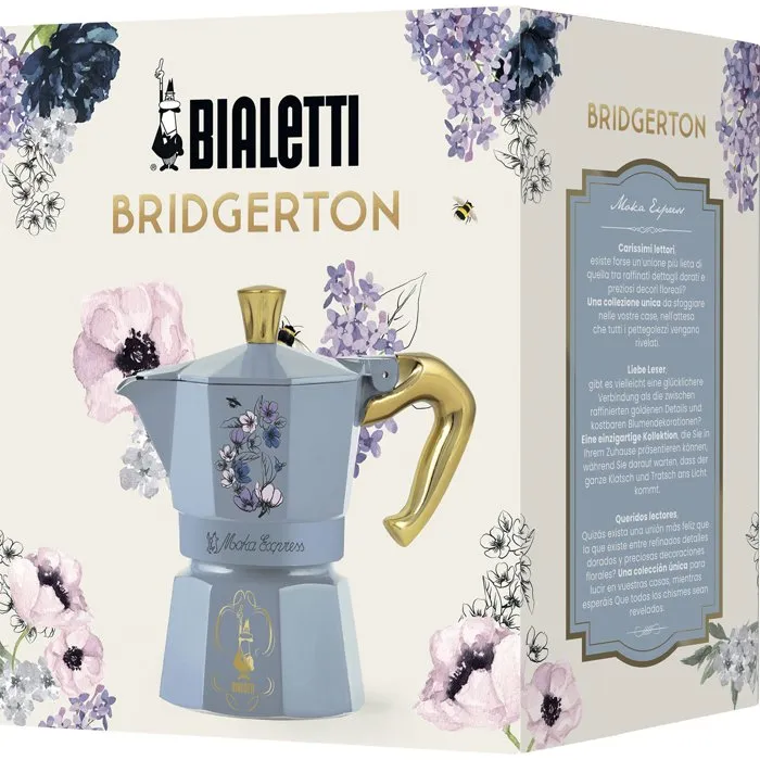 Bialetti Cafetière Italienne Moka Express - Collection Bridgerton - 3 Tasses (130 ml) - Bleu avec Fleurs - Pour Plaque Gaz