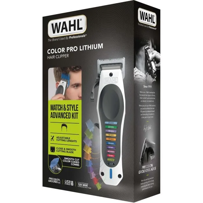 Wahl - Tondeuse à cheveux sans fil ColorPro Cordless Lithium - 120 min d'autonomie - Avec peignes 1.5 à 25 mm, ciseaux et câble USB - Blanc/Noir
