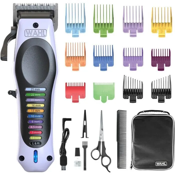 Wahl - Tondeuse à cheveux sans fil ColorPro Cordless Lithium - 120 min d'autonomie - Avec peignes 1.5 à 25 mm, ciseaux et câble USB - Blanc/Noir