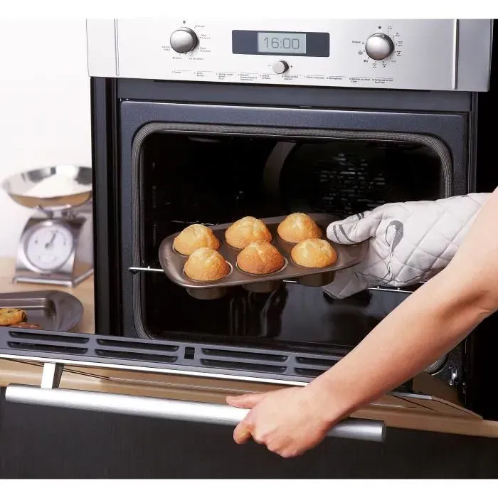 Pyrex 1452001 Moule à muffins en acier carbone antiadhésif, 6 cavités (ø6,5 cm), lavable au lave-vaisselle, résistant jusqu'à 230°C, poignée extra-large