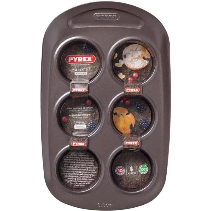 Pyrex 1452001 Moule à muffins en acier carbone antiadhésif, 6 cavités (ø6,5 cm), lavable au lave-vaisselle, résistant jusqu'à 230°C, poignée extra-large