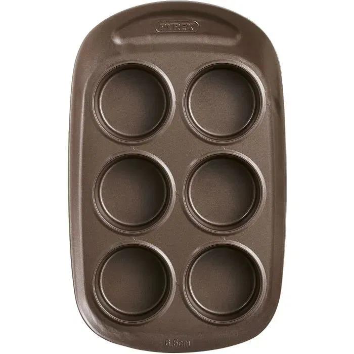 Pyrex 1452001 Moule à muffins en acier carbone antiadhésif, 6 cavités (ø6,5 cm), lavable au lave-vaisselle, résistant jusqu'à 230°C, poignée extra-large