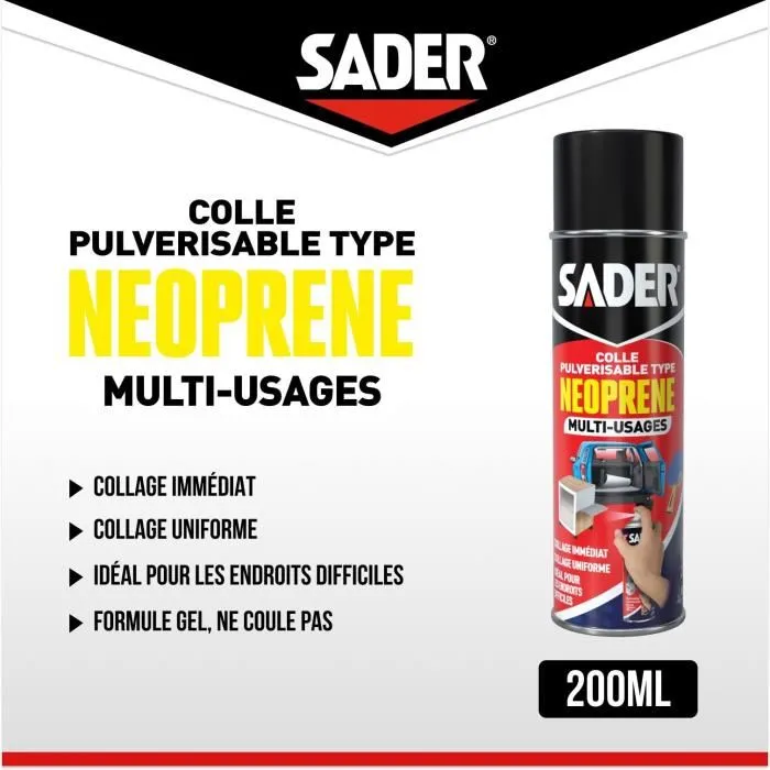 SADER Colle aérosol néoprène extra forte multi-usages - Bombe 200 ml - Prise immédiate pour tous matériaux (bois, carton, métal, mousse, plastiques)