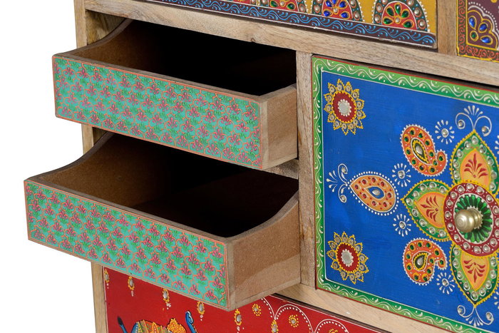 GINER Y COLOMER - Commode en bois de manguier massif et MDF avec 14 tiroirs peints à la main - Design multicolore artisanal - 120x90x40 cm